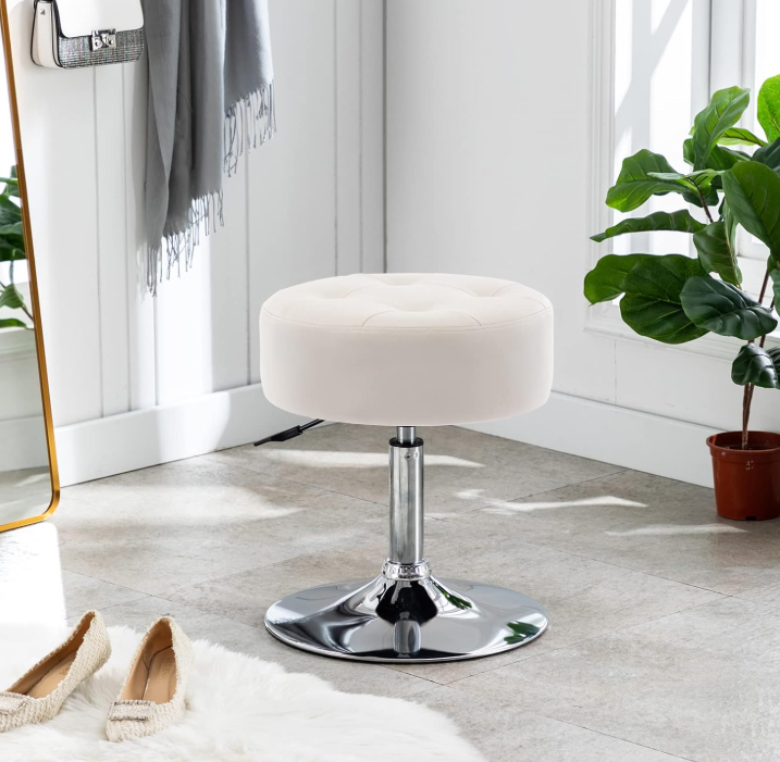 PU Leather Vanity Stool Makeup Stool Vanity Chair Height Adjustable Swivel Stool Round Ottoman White